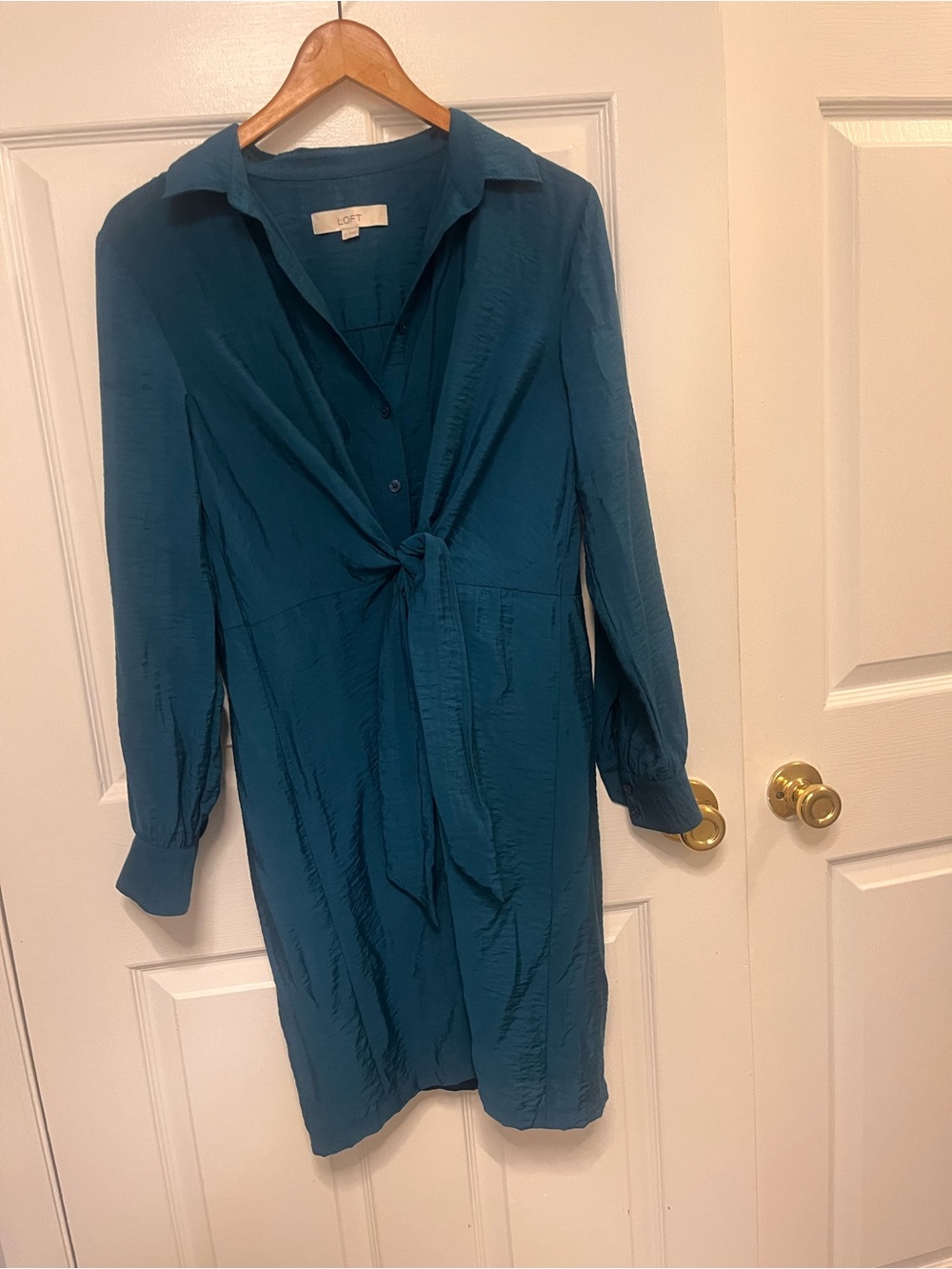 LOFT Teal Textured Tie-Front Long Sleeve Dress 6 - Picture 12 of 15